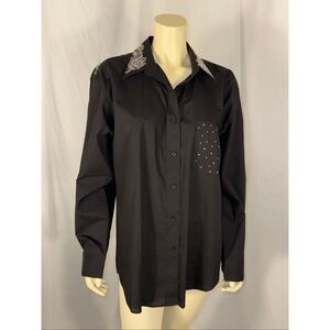 Vintage Las Olas Black Western Blouse XL – Rhinestone Embellished Collar & Pocke